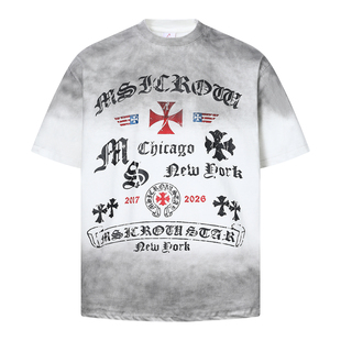 美式 T恤男女oversize喷绘脏脏渐变字母印花上衣潮牌t 复古街头短袖