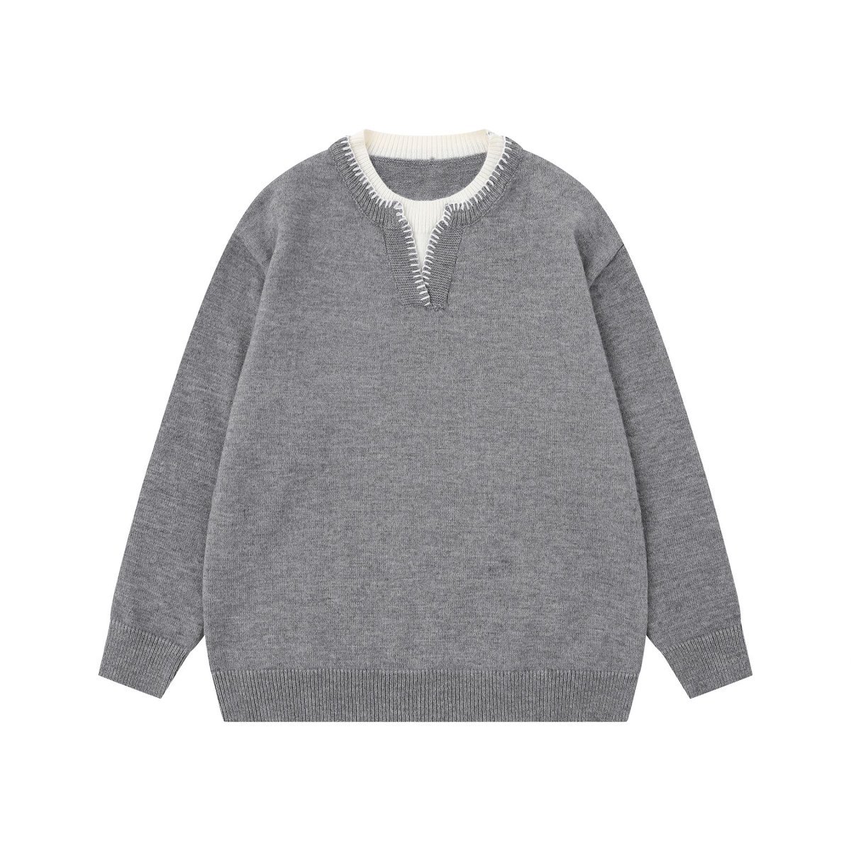 老钱风宽松假两件圆领毛衣男女潮