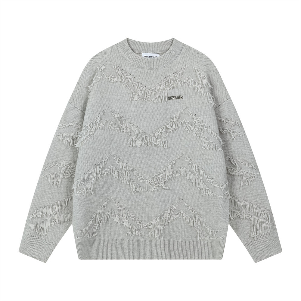 美式重工流苏圆领宽松男女针织衫