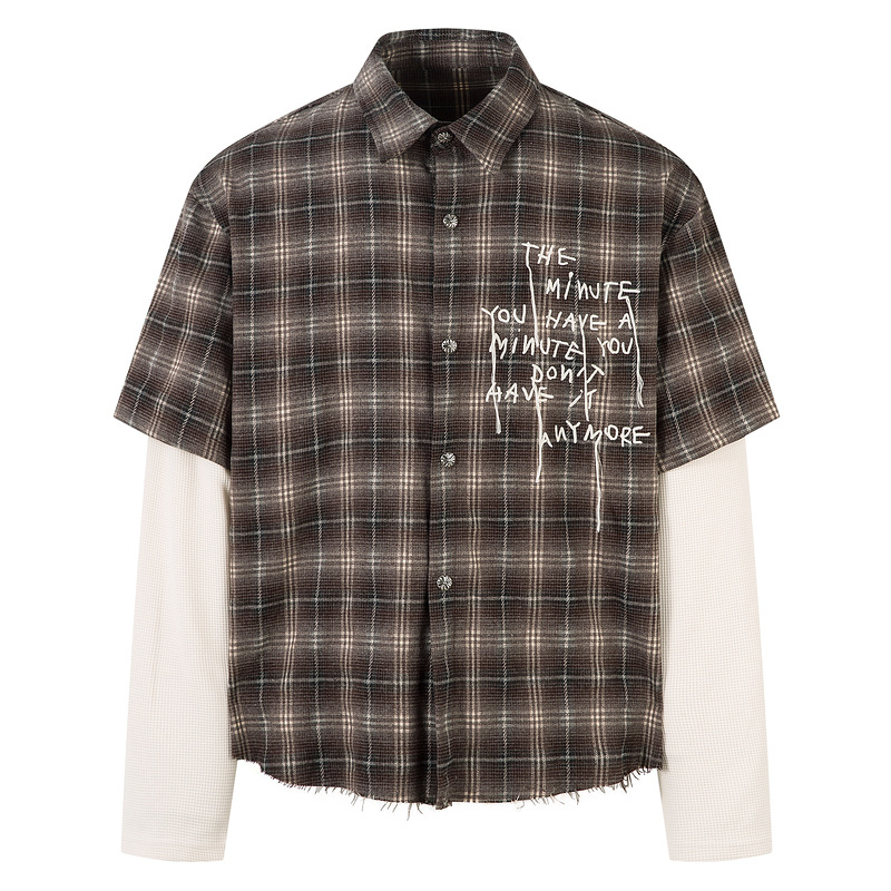 美式复古风格子翻领长袖衬衫男潮牌宽松字母刺绣高街假两件衬衣女