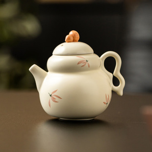 陶瓷功夫茶具家用一人 米黄釉兰花福禄壶单壶功夫泡茶小壶中式