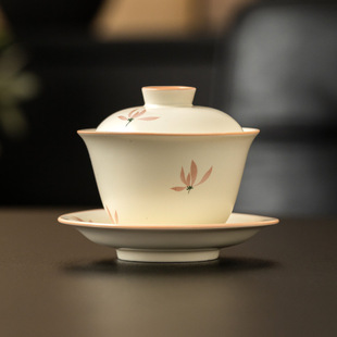 陶瓷家用泡茶壶 锦上逸品米黄釉兰花玲珑盖碗单个高档三才盖碗中式