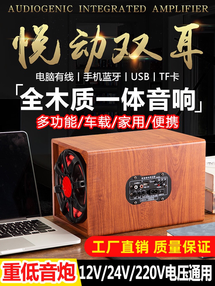 实木重低音车载低音炮12v24v改装货车汽车蓝牙音响电脑音箱通家用