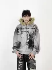Aknife Original Yabi-Style American Street Heavy-Duty Fur Collar Hooded Sweatshirt for Men, Lazy Style Fleece-Lined Cardigan Jacket
