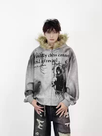 Aknife Original Yabi-Style American Street Heavy-Duty Fur Collar Hooded Sweatshirt for Men, Lazy Style Fleece-Lined Cardigan Jacket