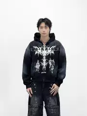 Aknife Subculture Y2K Dark Thorn Print Spray-Dyed Heavy Hoodie Street Cardigan Jacket for Men and Women