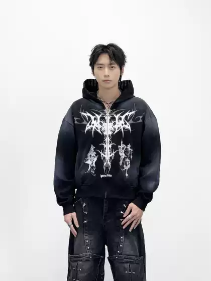 Aknife Subculture Y2K Dark Thorn Print Spray-Dyed Heavy Hoodie Street Cardigan Jacket for Men and Women