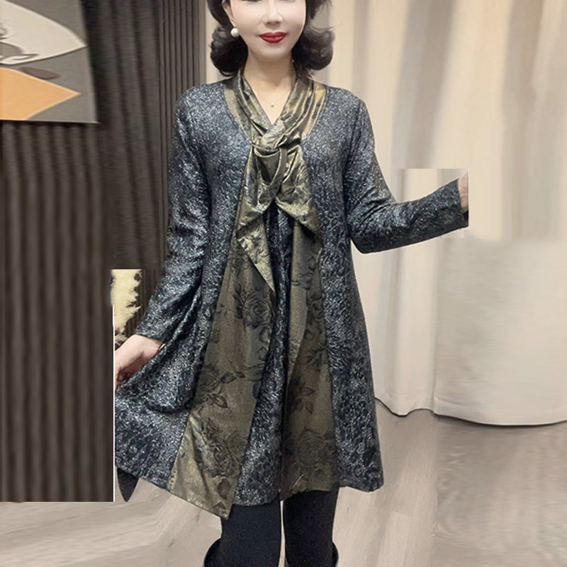 韩版洋气宽松群子春季新款遮肚显瘦休闲中长款连衣裙气质妈妈裙子