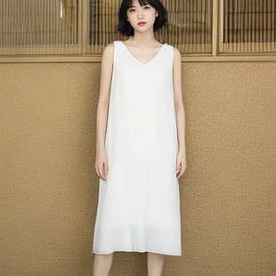 白色V领双层雪纺吊带连衣裙女内搭夏季中长款200斤宽松打底背心裙