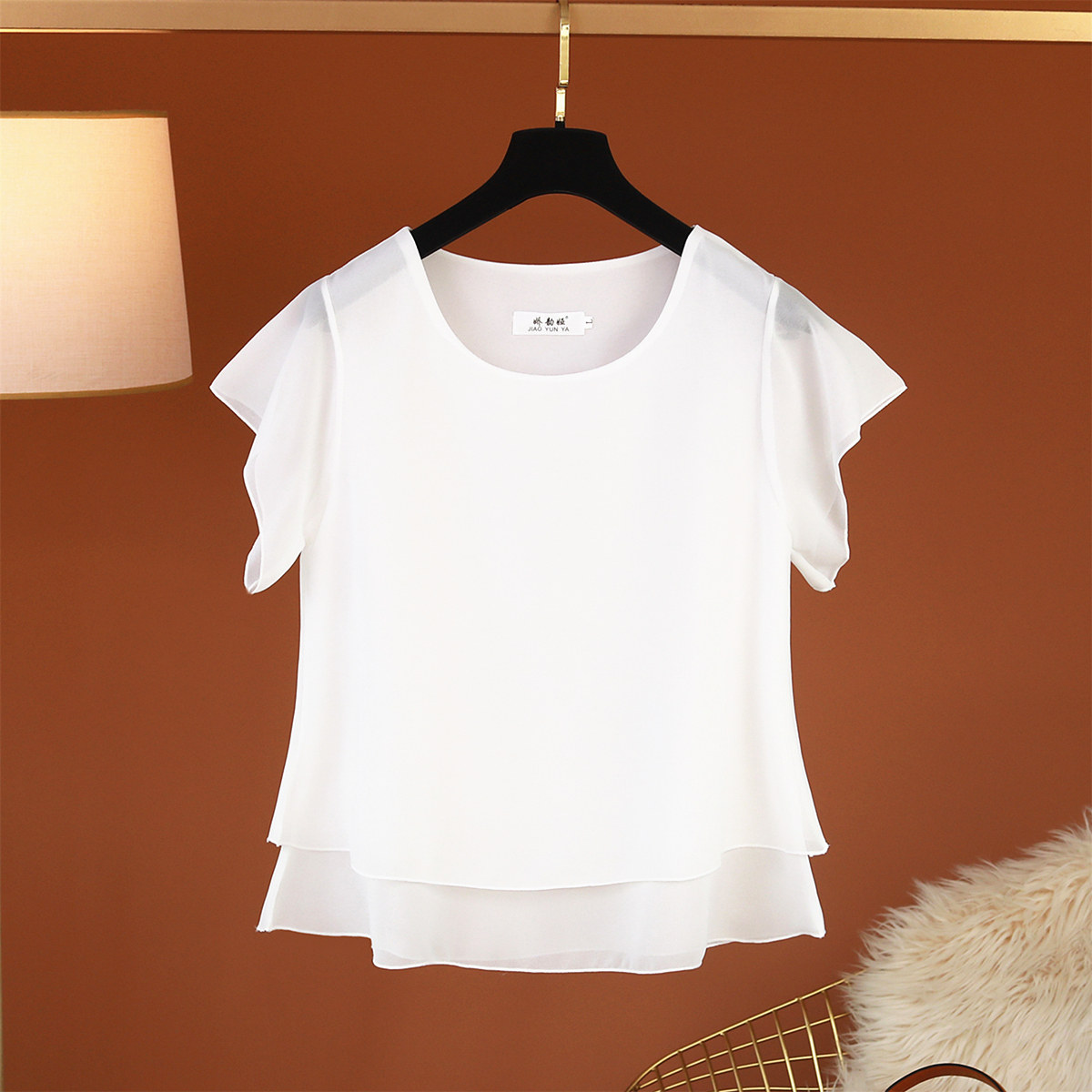 白色大码女装圆领上衣夏季新款宽松遮肚子雪纺短袖纯色打底娃娃衫