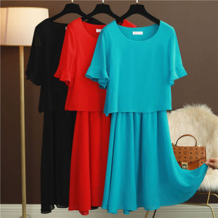 假俩件收腰圆领纯色喇叭袖 胖MM大码 新款 雪纺连衣裙夏季 中长裙 女装