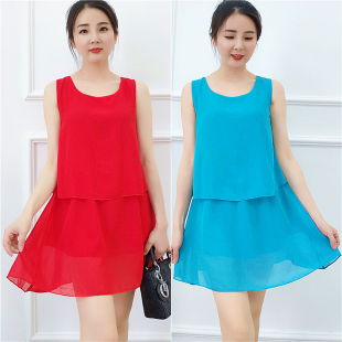 女装 雪纺连衣裙夏季 假俩件洋气短裙大码 韩版 宽松背心打底超仙 新款