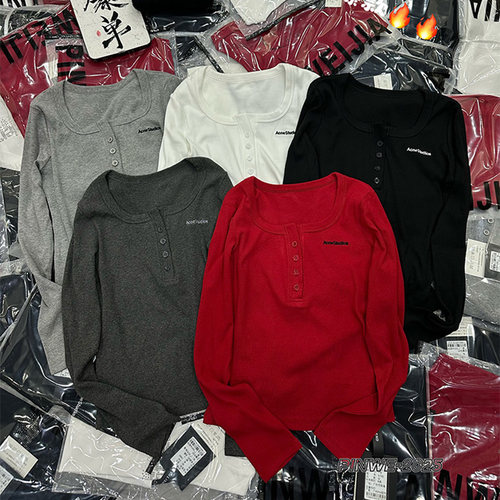 休闲风圆领半扣长袖T恤女