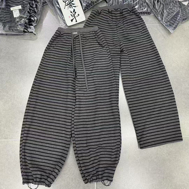 欧货加绒阔腿裤慵懒风条纹束脚裤女裤高腰宽松休闲裤舒适百搭长裤
