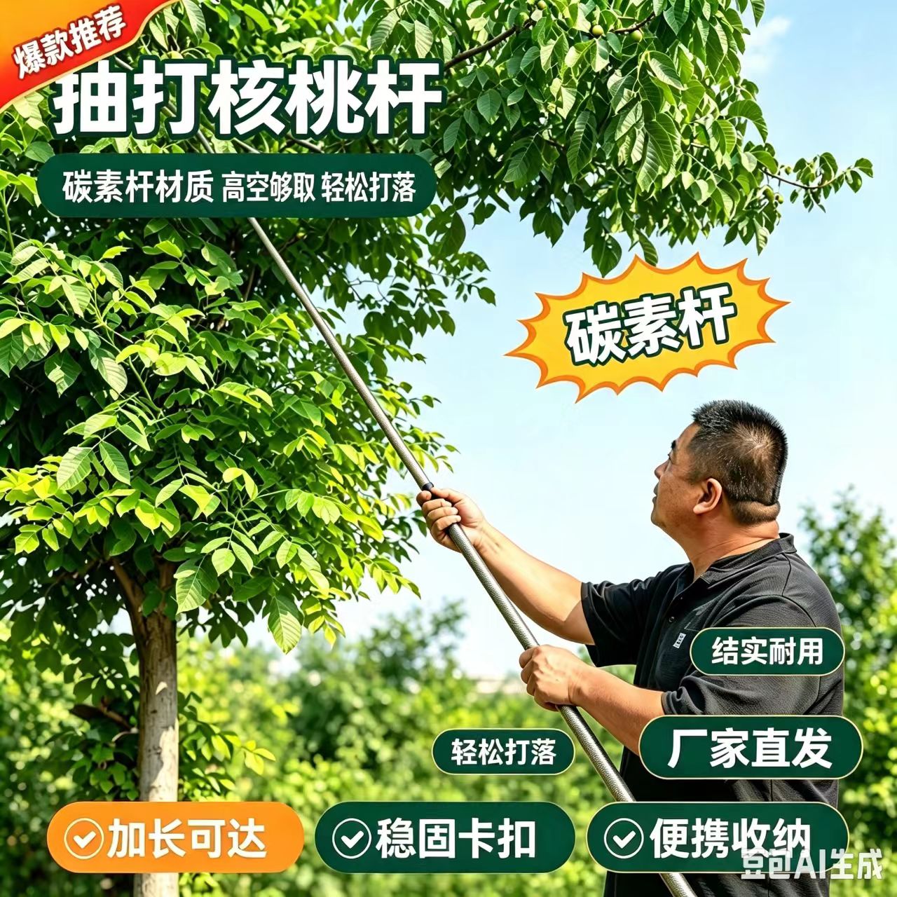打山核桃专用杆子新型一体碳素超硬加厚加固耐用伸缩板栗松塔竿批