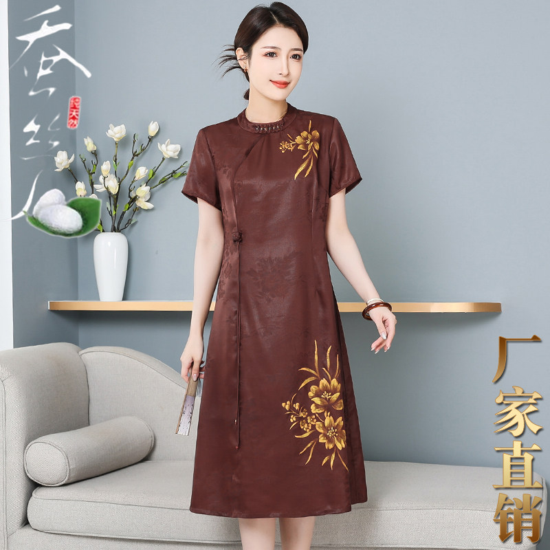 真丝香云纱新中式大码妈妈连衣裙