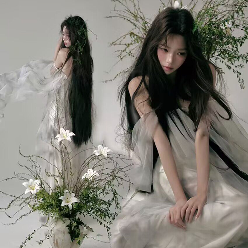 影楼中式禅意清冷感纯欲风复古惊艳茶染一字肩女艺术照摄影服装