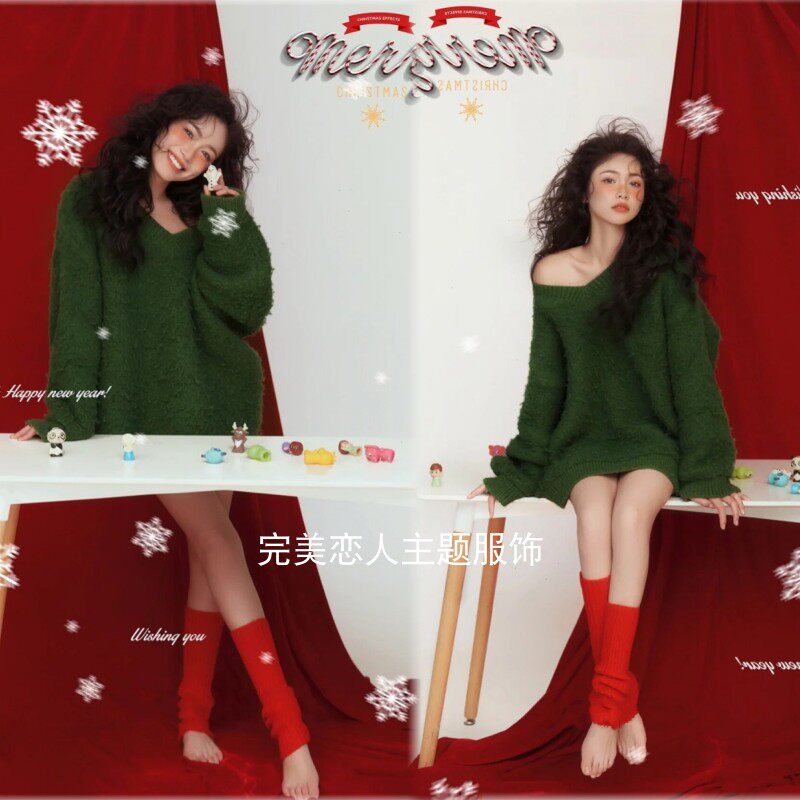 影楼新款圣诞节拍照主题绿色圣诞写真针织毛衣少女艺术照摄影服装