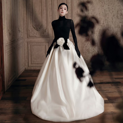 影楼新款黑白抹胸明星同款礼服