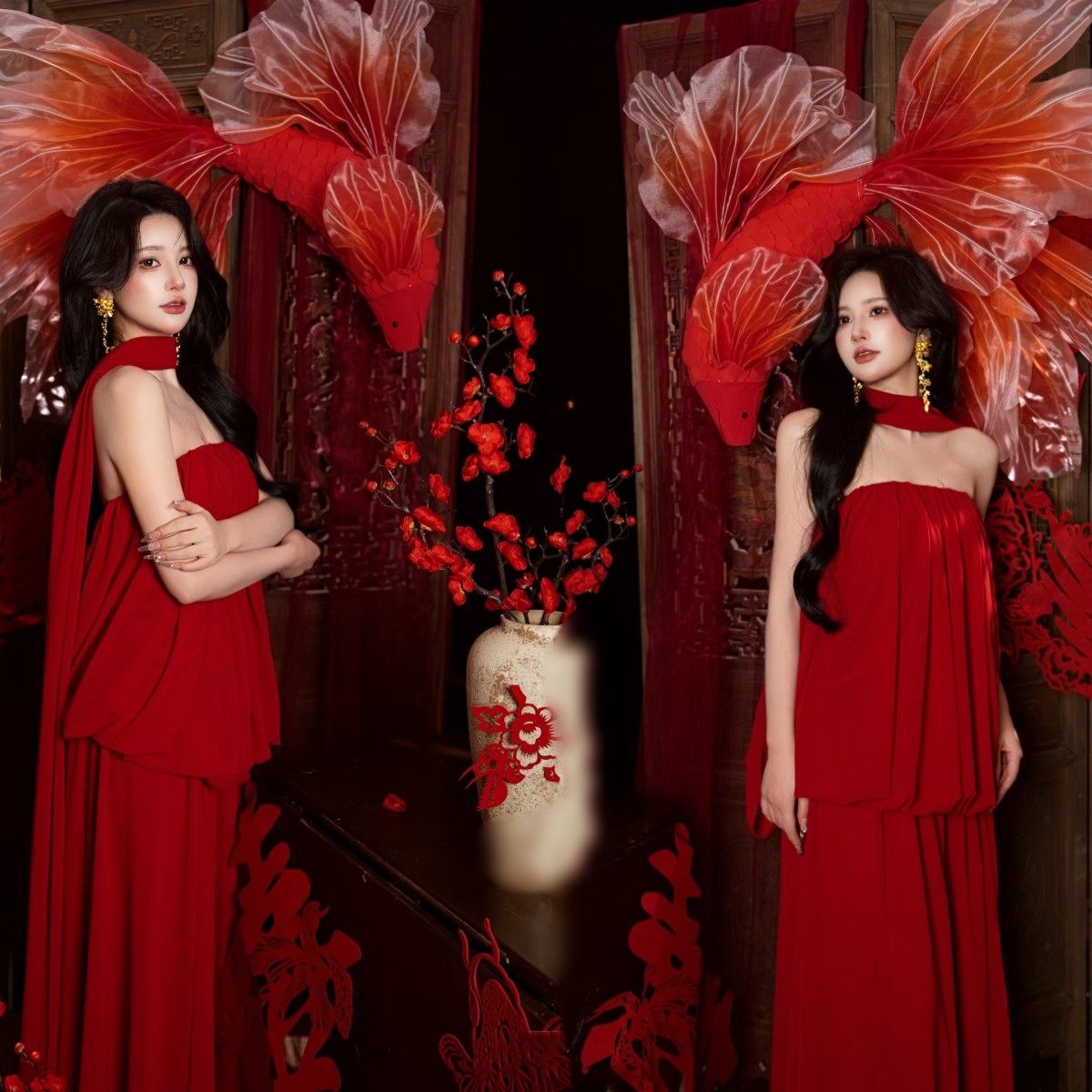 影楼新款新中式红色锦鲤主题写真摄影服装新娘晨袍敬酒礼服艺术照