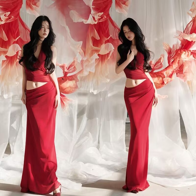 影楼新款设计艺术照主题红色礼服新年国潮氛围锦鲤写真摄影服装