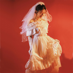 2022新款复古民国风喜嫁古典蕾丝花边一字肩白纱轻婚纱礼服摄影服