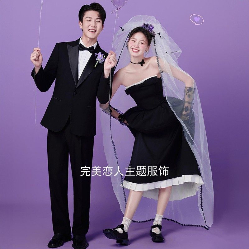 影楼情侣新款明星同款喜嫁黑色复古礼服小众时尚高级婚纱照服装