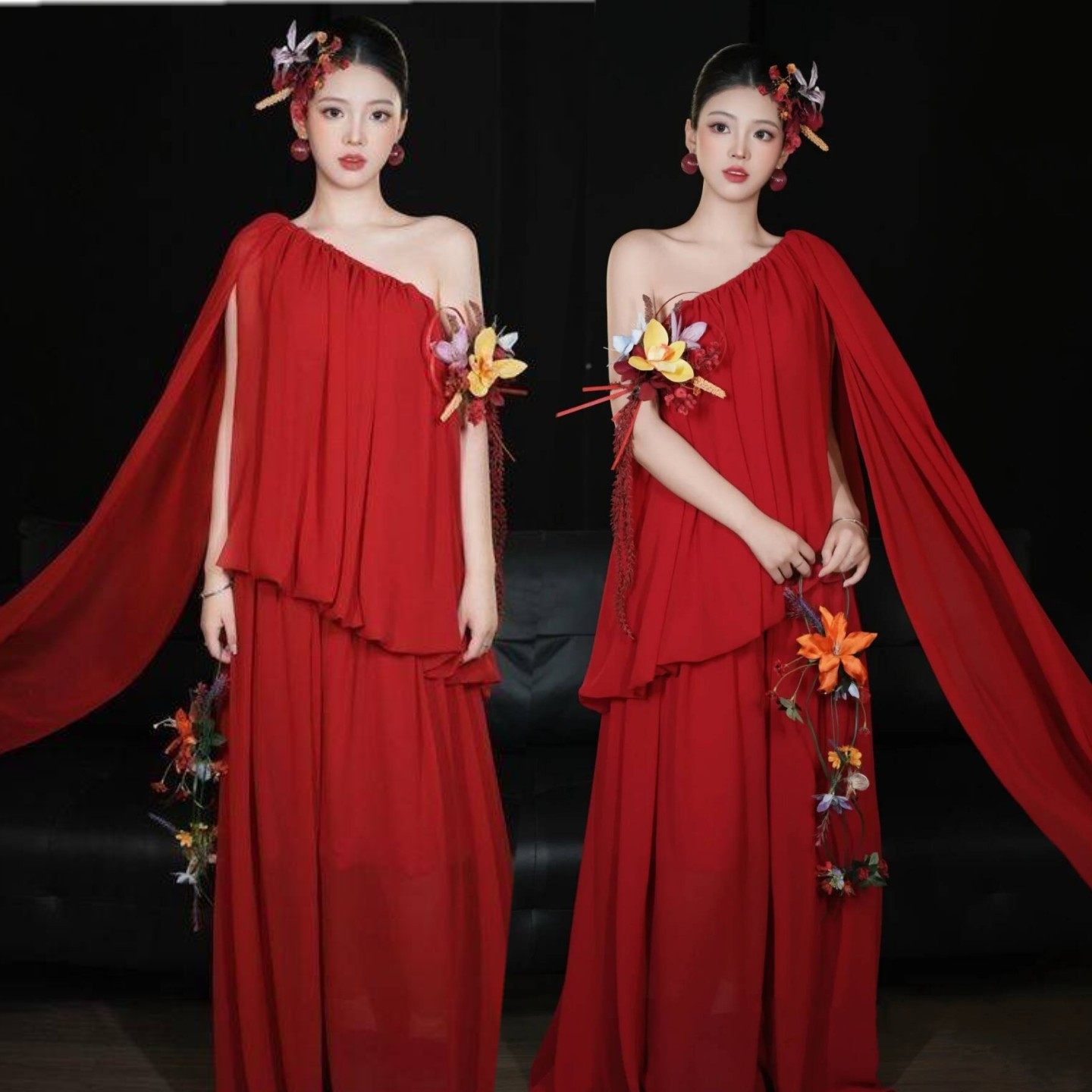 影楼新款主题服装红色喜庆订婚氛围感连衣裙肖像艺术写真摄影服装