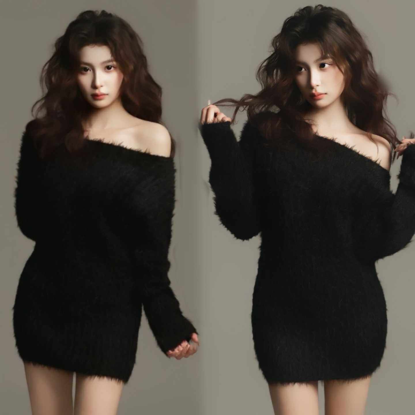 影楼新款个人高级氛围感黑色肖像照一字肩少女韩系写真照摄影服装