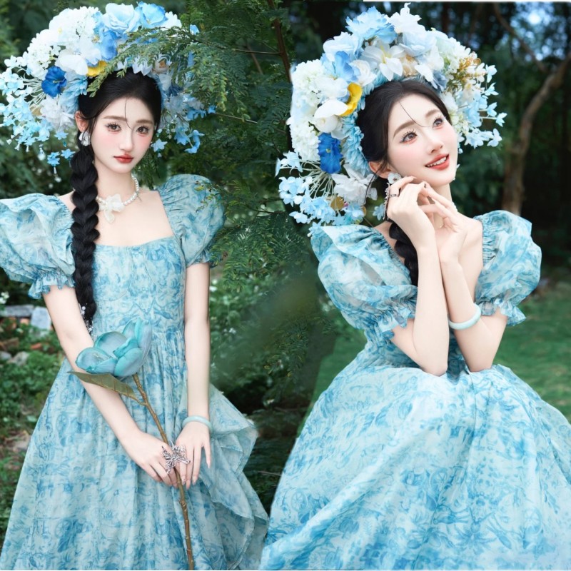 影楼簪花复古碎花连衣裙摄影服