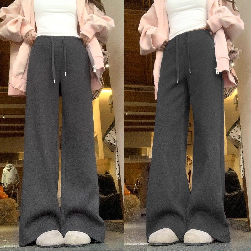 深灰色直筒运动裤女秋冬加绒2025新款高腰显瘦小个子垂感阔腿卫裤