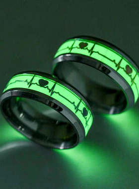 夜光钛钢欧美心电图发光情侣爱心戒指