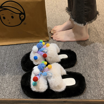 可爱加绒毛毛拖鞋女外穿厚底一字2025年新款秋冬网红毛绒棉拖鞋子