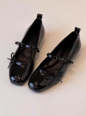亮皮芭蕾舞百搭浅口漆皮蝴蝶结平底法式玛丽珍鞋单鞋子女新款方头