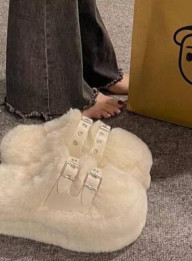 白色绝美厚底皮带扣包头毛毛拖鞋女秋冬外穿2026新款加绒棉鞋增高