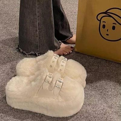 白色绝美厚底皮带扣包头毛毛拖鞋女秋冬外穿2025新款加绒棉鞋增高