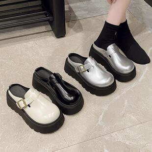 增高休闲皮带扣银色 女夏外穿2026新款 厚底勃肯鞋 女外穿包头半拖鞋