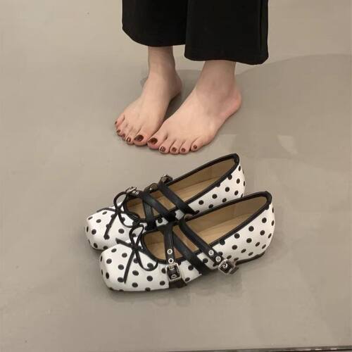 复古蝴蝶结平底波点浅口单鞋女2026春夏新款百搭裙子一脚蹬豆豆鞋