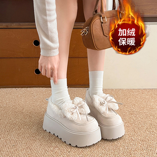厚底增高矮子乐勃肯鞋女款2025新款冬季加绒蝴蝶结棉鞋毛毛雪地靴
