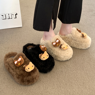 可爱KT猫毛毛拖鞋女2025冬小个子厚底包头半拖外穿防滑舒适懒人鞋