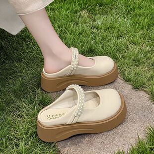 厚底勃肯鞋女2026春夏新款包头厚底拖鞋超火珍珠仙女玛丽珍半拖鞋