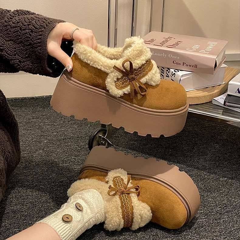 复古时尚蝴蝶结厚底毛毛鞋女2025冬季新款小个子增高加绒保暖棉鞋,女鞋,勃肯鞋/软木鞋,淘宝优惠券,粉丝福利购,淘宝优惠卷