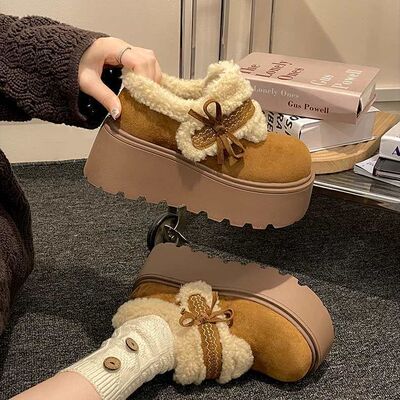复古时尚蝴蝶结厚底毛毛鞋女