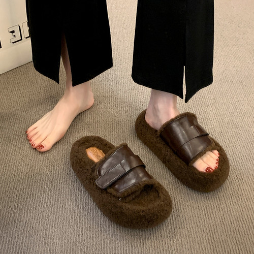 网红超火人造羊羔毛毛拖鞋女2026秋冬新款厚底舒适百搭居家棉拖鞋