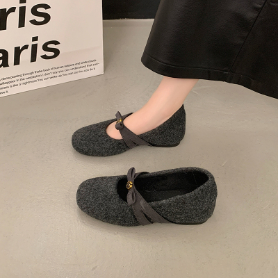 蝴蝶结灰色玛丽珍毛毛鞋软底