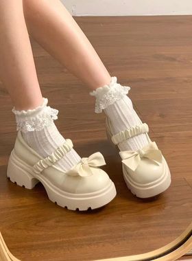 粗跟厚底白色圆头玛丽珍单鞋女2025春秋新款法式复古蝴蝶结小皮鞋