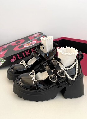 小众设计感甜酷爱心玛丽珍鞋女2026春秋新款暗黑风厚底增高小皮鞋