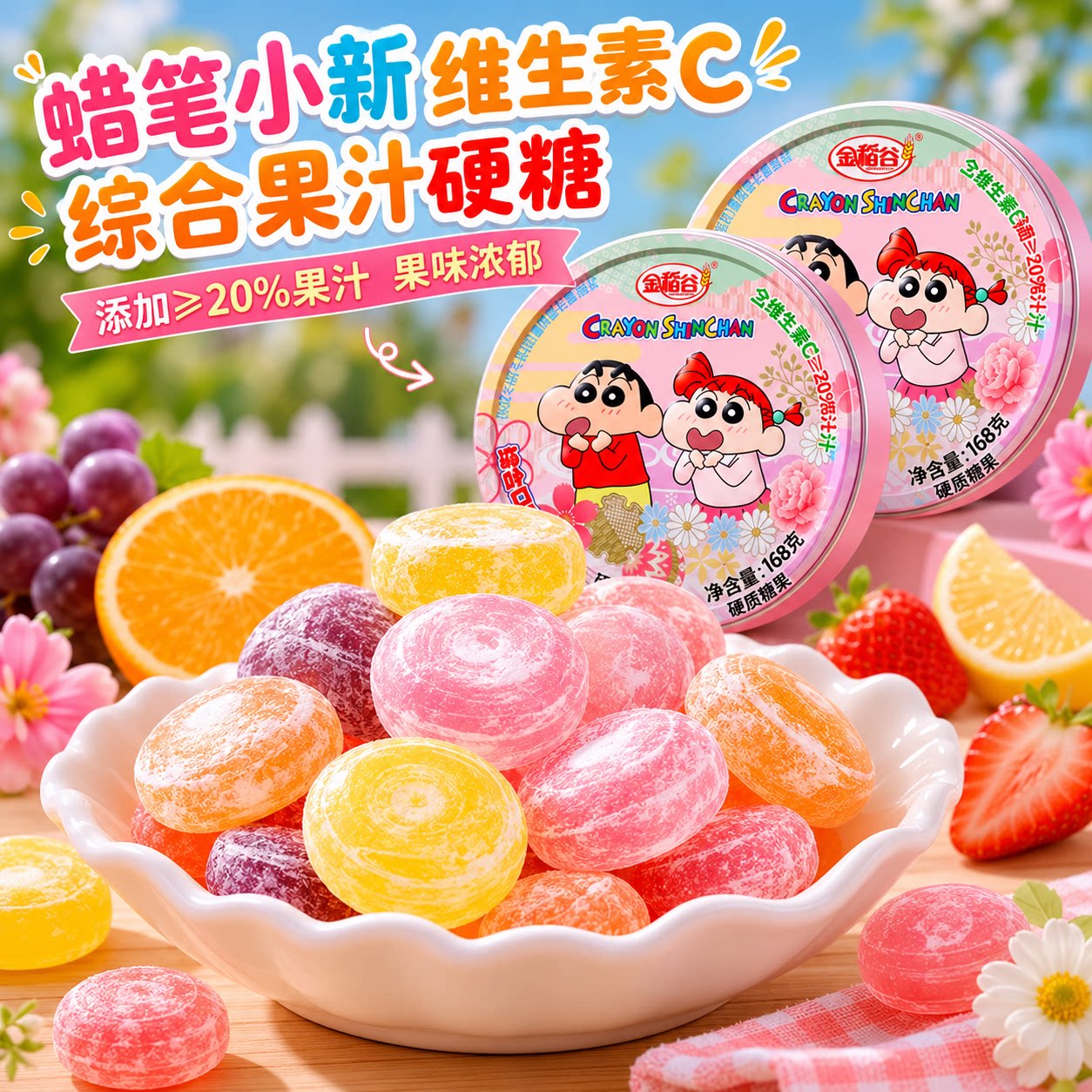 蜡笔小新混合味水果糖维生素C糖果铁盒装硬糖儿童糖果零食礼物