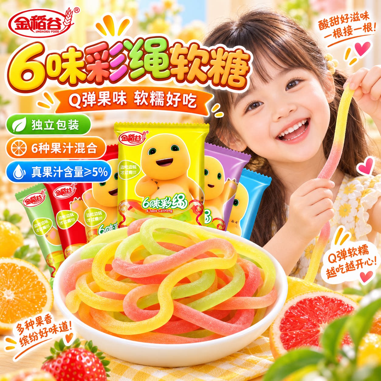 金稻谷彩绳软糖21g*30包橡皮软糖QQ糖水果糖维生素C糖果儿童批发