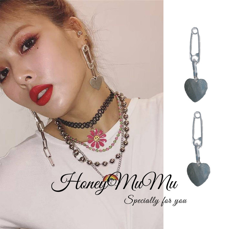 MuMu*定制 韩国金泫雅同款 甜酷金属简约别针爱心 耳环/耳夹 925